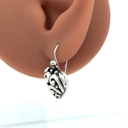 Vintage 925 Sterling Silver Scroll Swirl Puffy Heart Hook Dangle Earrings