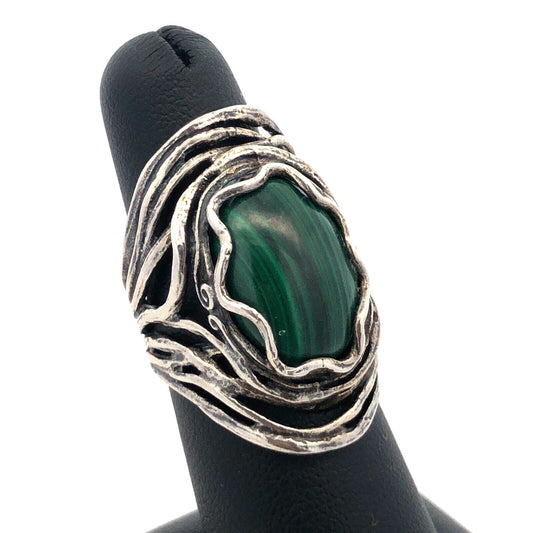 Israel Designer Didae 925 Sterling Silver Oval Malachite Cabochon Statement Ring