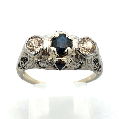 Vintage Platinum Oval Sapphire Round Diamond Trio Filigree Engagement Ring