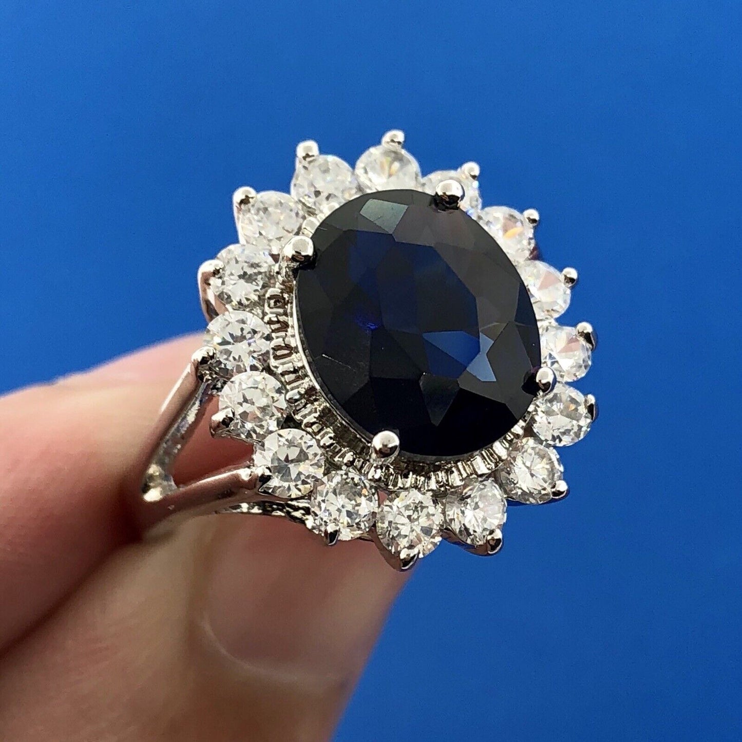 Sterling Silver 925 Blue White Cubic Zirconia CZ Statement Fashion Cocktail Ring
