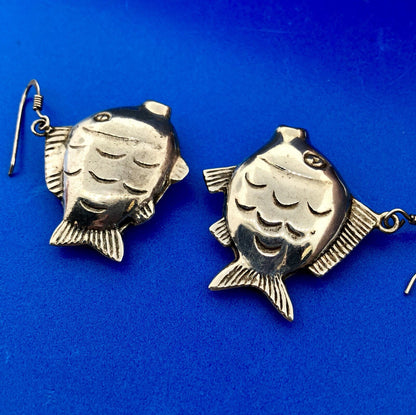 Retro Sterling Silver 925 Puffy Goldfish Blowfish Nemo Drop Dangle Earrings