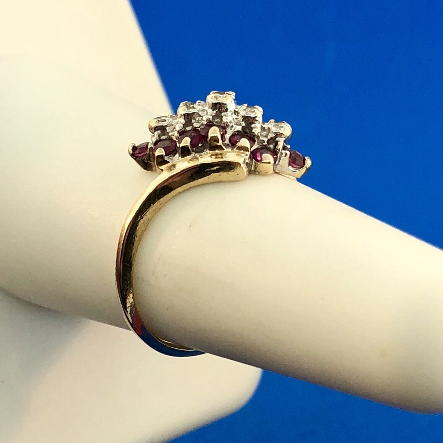 Vintage 10K Yellow Gold Ruby Diamond Cluster Bypass Cocktail July Occasion Ring