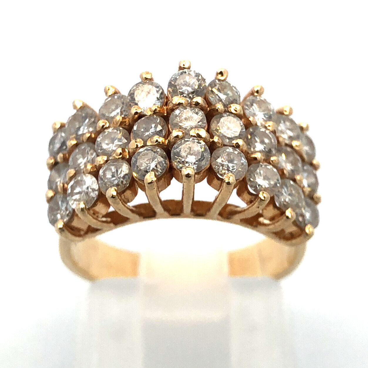 Unique 14K Yellow Gold Round Diamond 3 Rows Cluster Dome Statement Band Ring