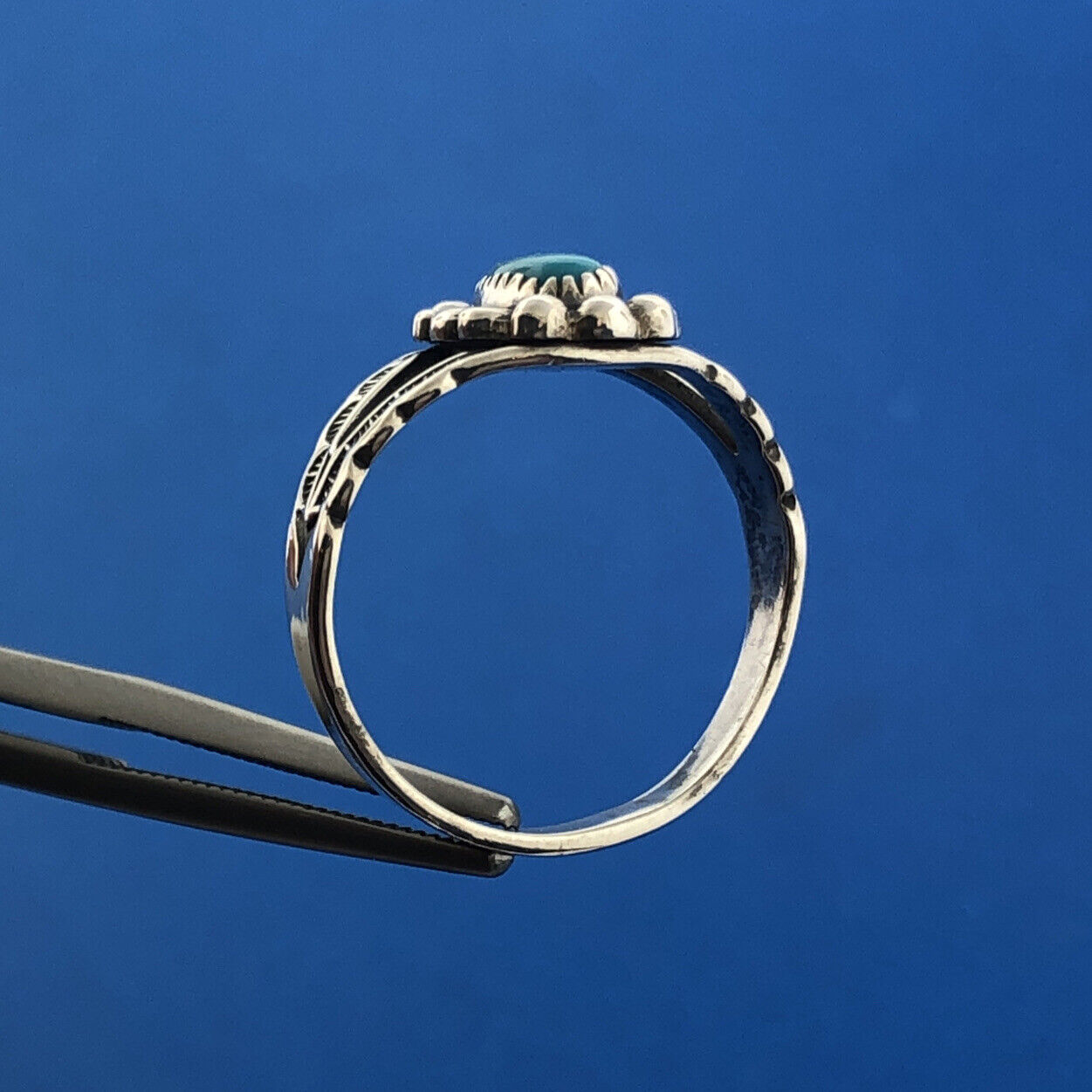 Stunning Sterling Silver 925 Cabochon Blue Turquoise Openwork Ring Size 5.25