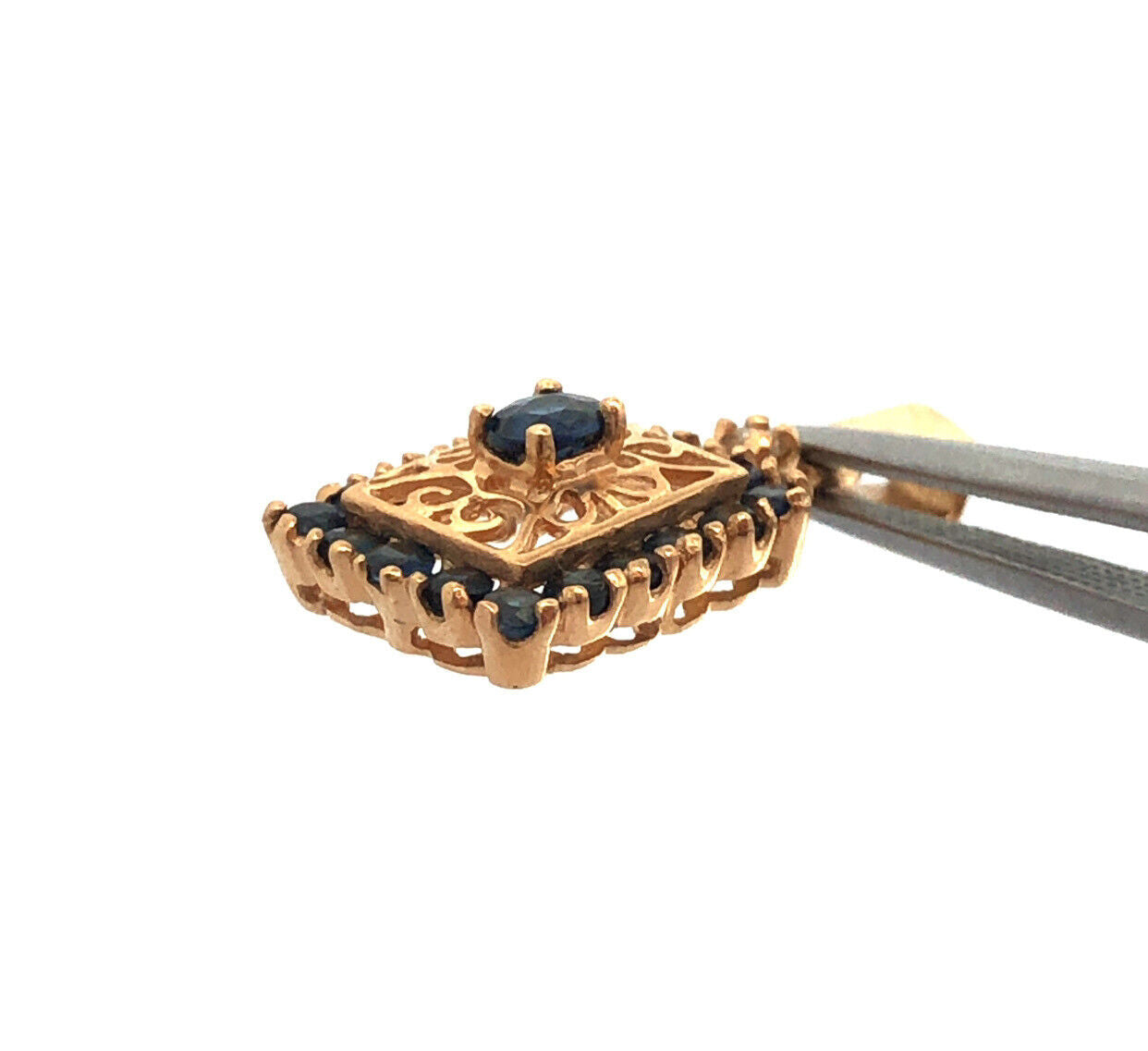 Designer 14K Yellow Gold Oval Sapphire Diamond Accented Filigree Pendant