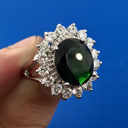 Retro Sterling Silver 925 Green White CZ Statement Fashion Cocktail Ring