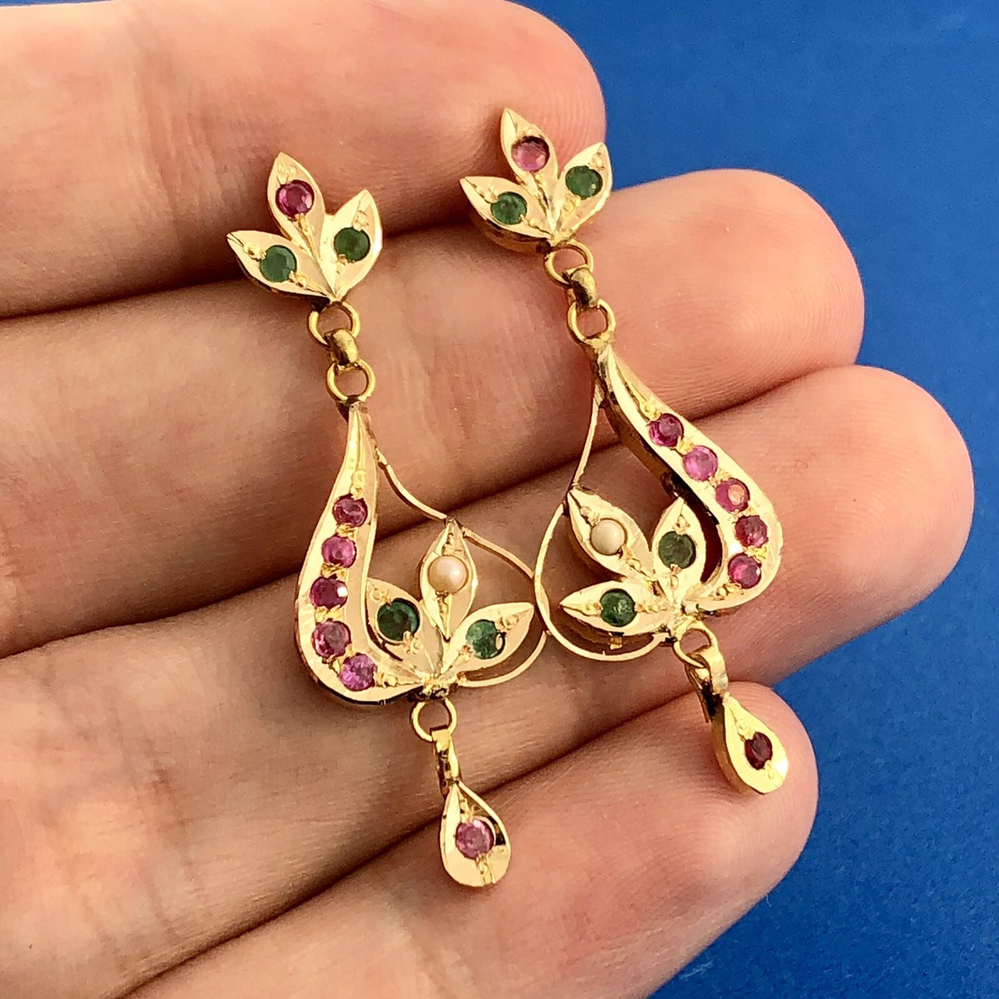 Vintage 10K Yellow Gold Ruby Emerald Pearl Floral Tiered Drop Dangle Earrings