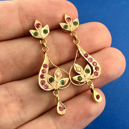 Vintage 10K Yellow Gold Ruby Emerald Pearl Floral Tiered Drop Dangle Earrings