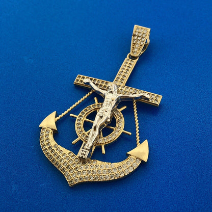 10K Yellow White Gold CZ Statement Sailors Cross Anchor Mariners Cross Pendant