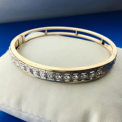 Art Deco Art Nouveaux 14K Yellow White Gold Diamond Ladder Hinged Cuff Bracelet