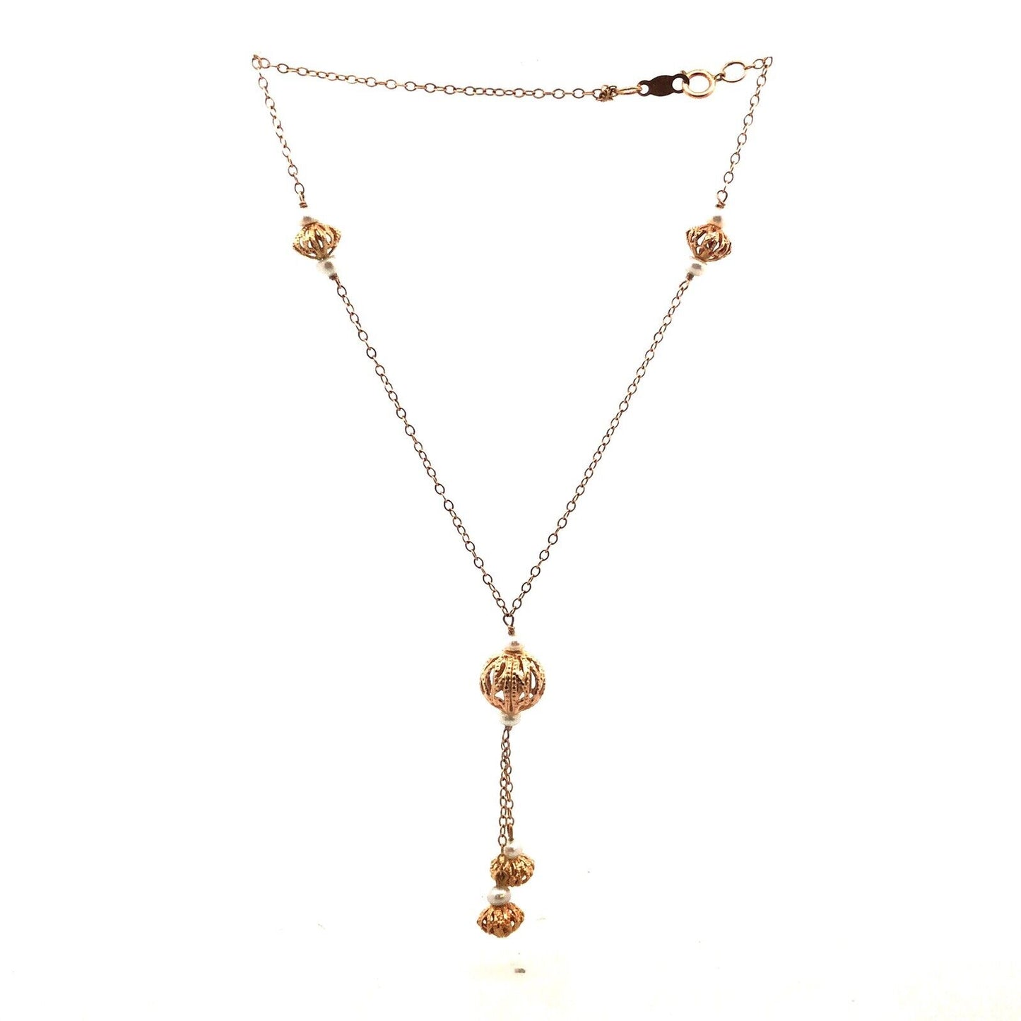 Designer 14K Yellow Gold Pearl Station Drop Dangle Chain Necklace