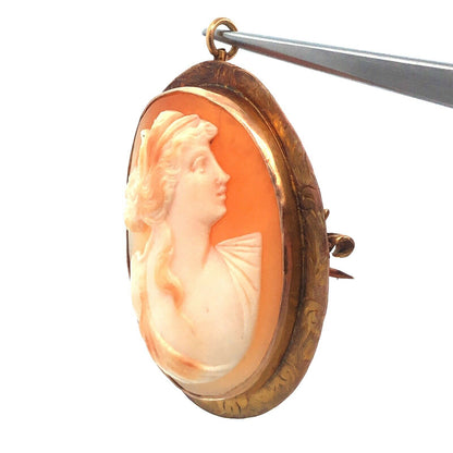 Victorian Vintage 10K Oval Carved Shell Cameo Scroll Statement Brooch Pendant