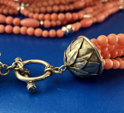 Fantastic Sterling Silver 925 Coral Silver Bead 7 Strand Statement Necklace