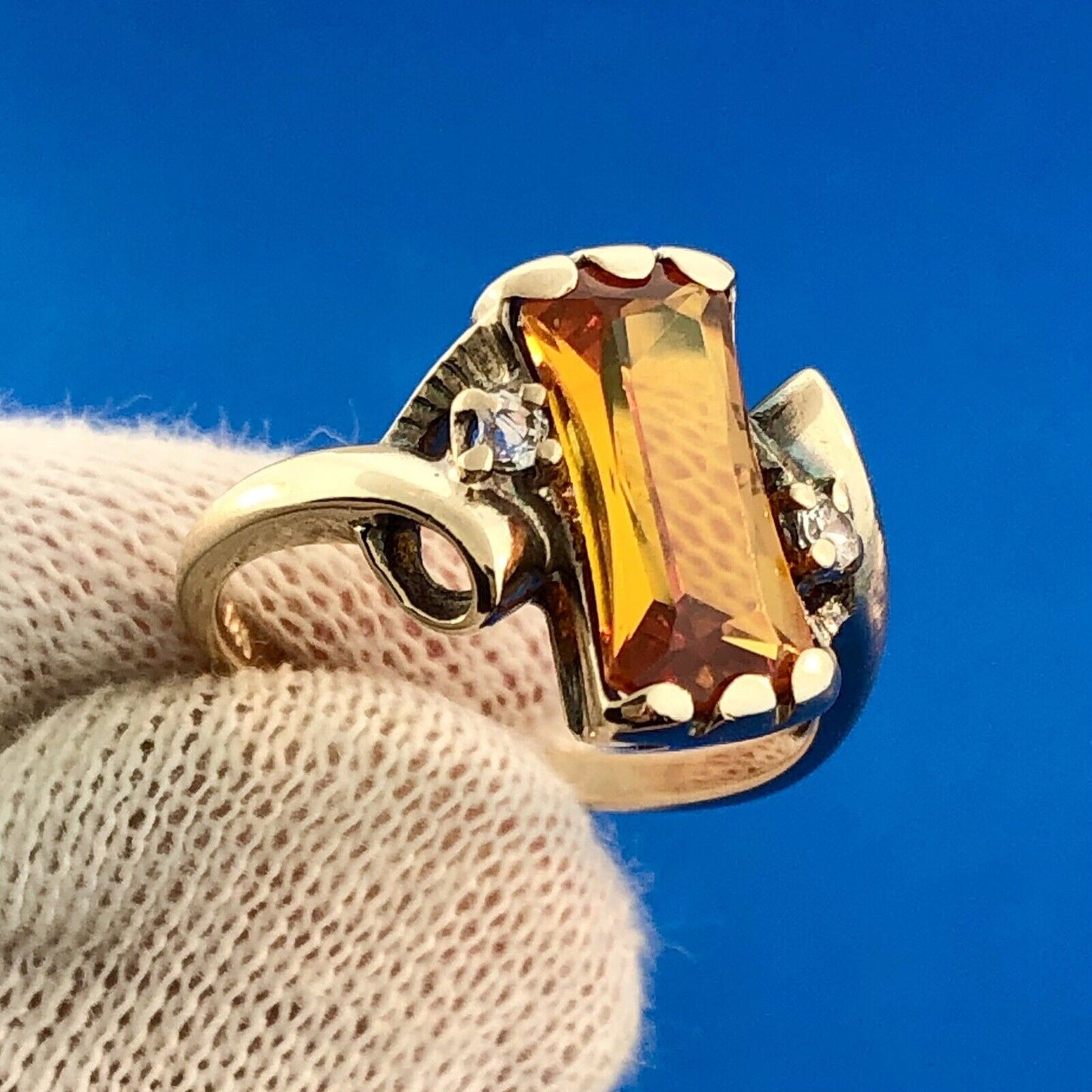 Art Deco Art Nouveau 10K Yellow Gold Citrine Diamond Free Form Bypass Ring