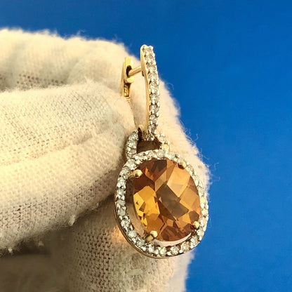 Estate KA 18K Yellow Gold Oval Citrine Diamond November Anniversary Earrings