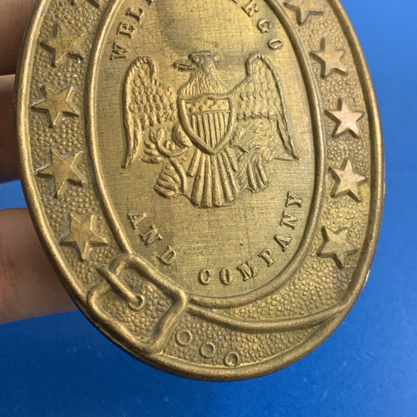 Montauk Silver Co Wells Fargo And Company Heraldic Eagle Oval Brass Belt Buckle