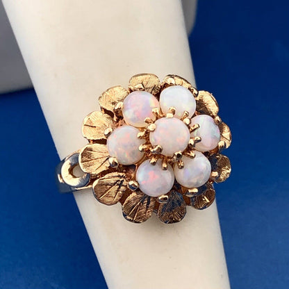 Vintage ESEMCO 14K Yellow Gold Opal Floral Cluster October Anniversary Ring