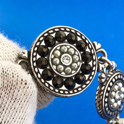 Designer Brighton Silver Toned Black White Rhinestone Floral 8" Bracelet