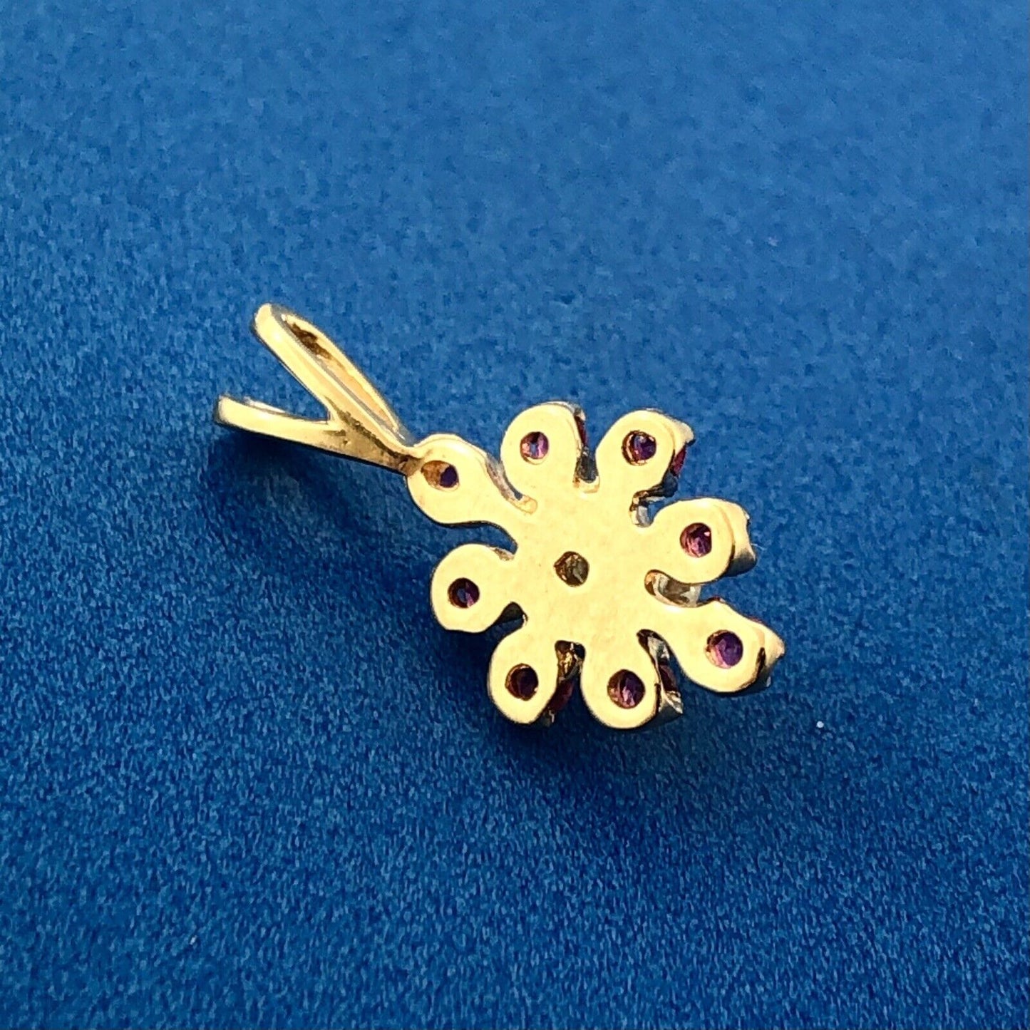Vintage 14K Yellow Gold Ruby Diamond Floral Starburst July Anniversary Pendant