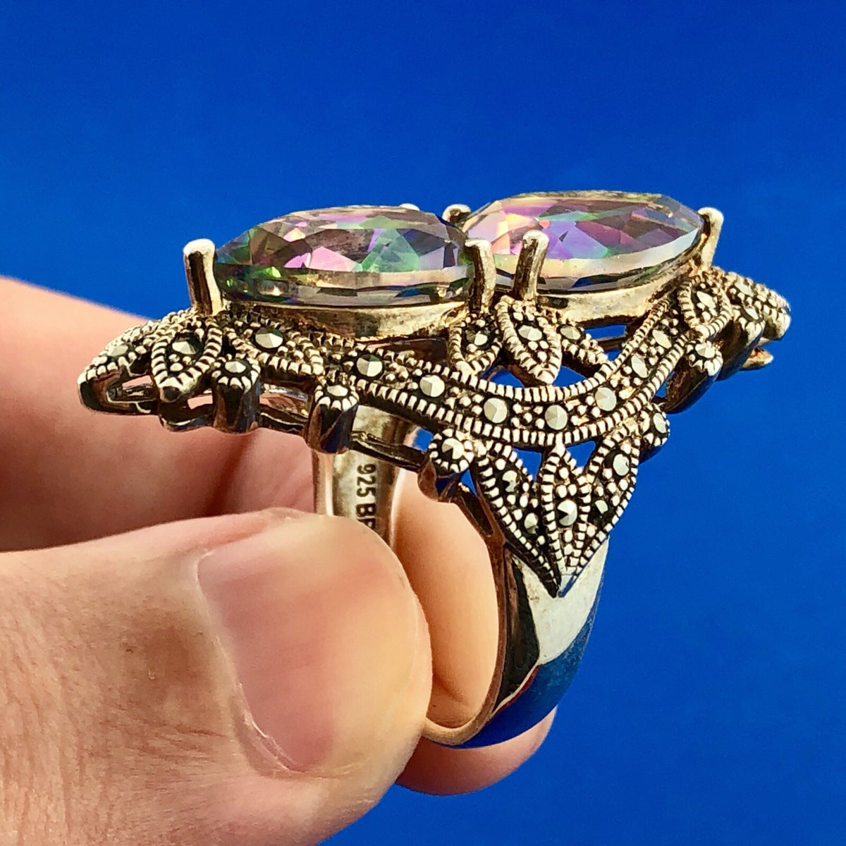 Designer BBJ Sterling Silver 925 Mystic Topaz Marcasite Statement Finger Ring