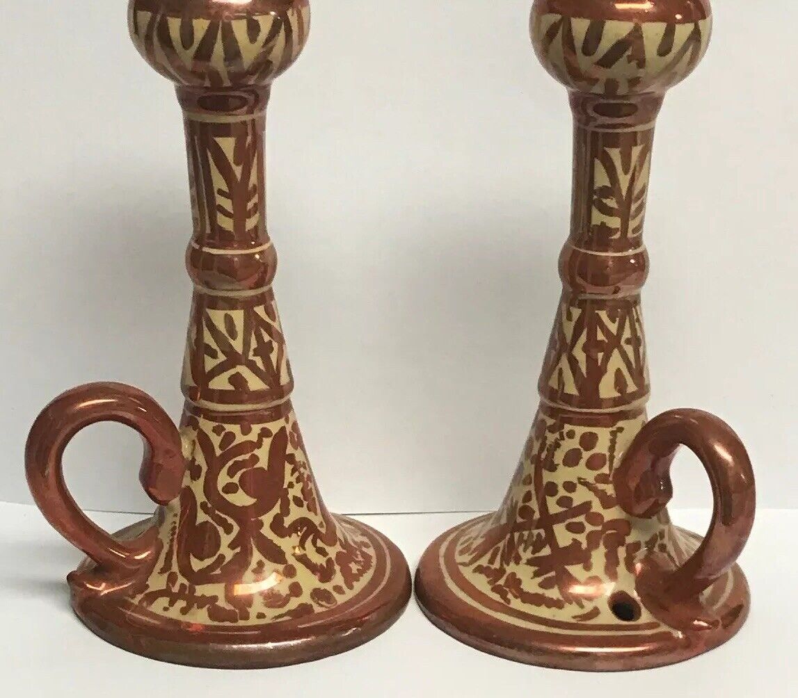 Spain Signed VC Pair Copper Metallic Glazed Hand Painted Handled Candle Holders
