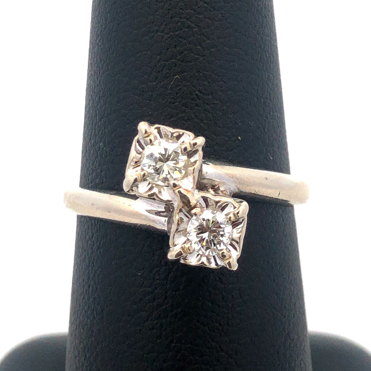 Vintage 14K White Gold Diamond Duo Buttercup Bypass Engagement Bridal Ring