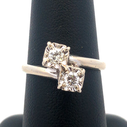 Vintage 14K White Gold Diamond Duo Buttercup Bypass Engagement Bridal Ring