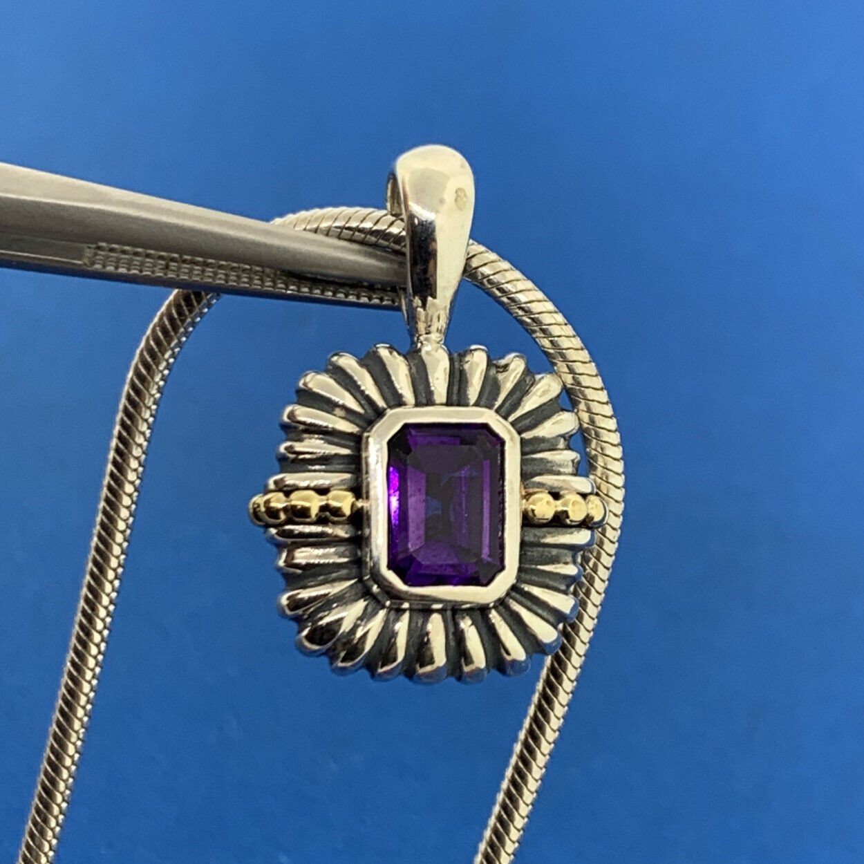 Stunning Sterling Silver 925 18k Trim Purple Amethyst Pendant 16" Chain Necklace