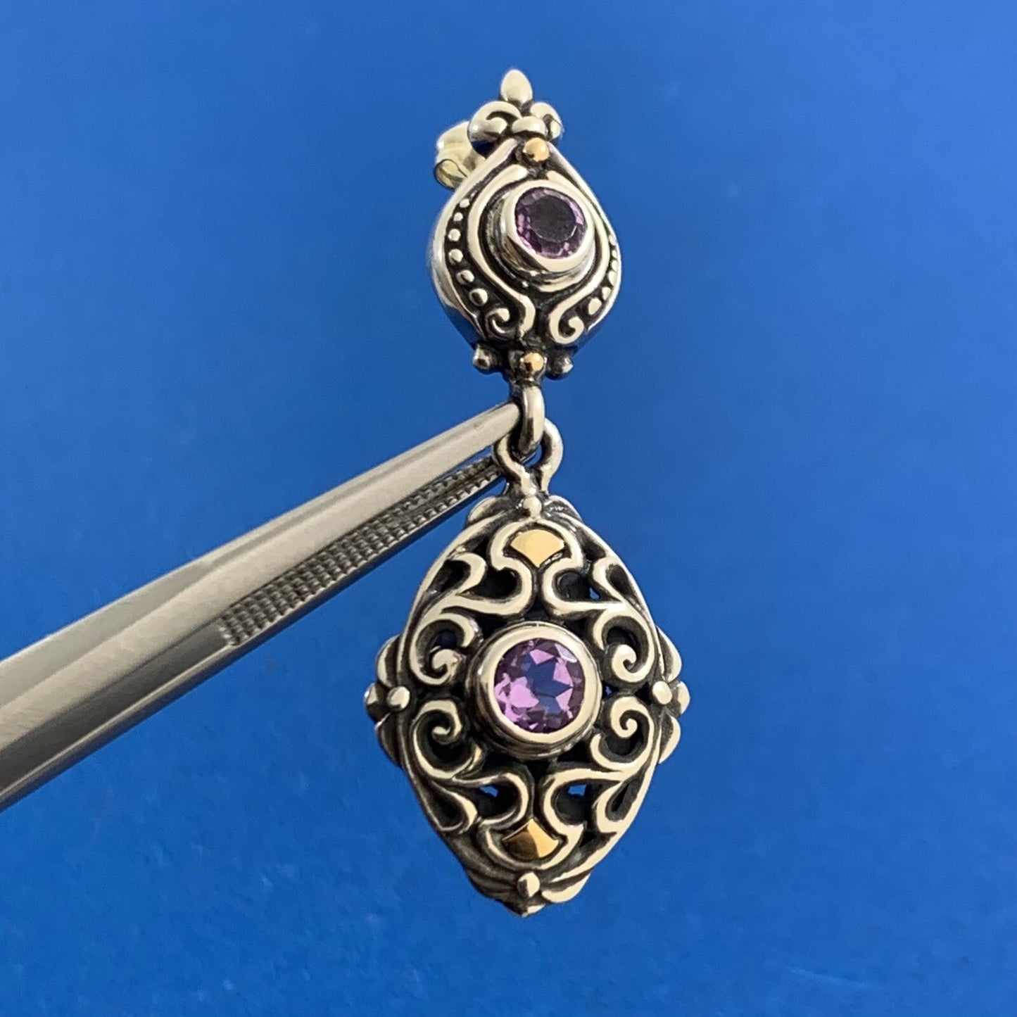 Designer 925 Sterling Silver 18K Yellow Gold Amethyst Drop Dangle Stud Earrings