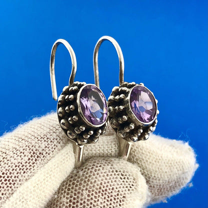 Vintage FAS 925 Sterling Silver Amethyst February Anniversary Dangle Earrings