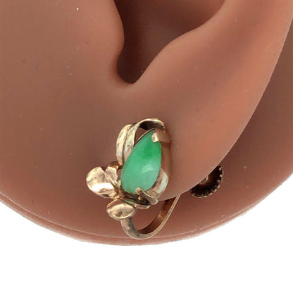 Vintage 14K Yellow Gold Pear Green Jade Cabochon Floral Screw Back Earrings