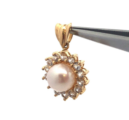 10K Yellow Gold White Topaz Pearl Wedding Bridal June Anniversary Pendant
