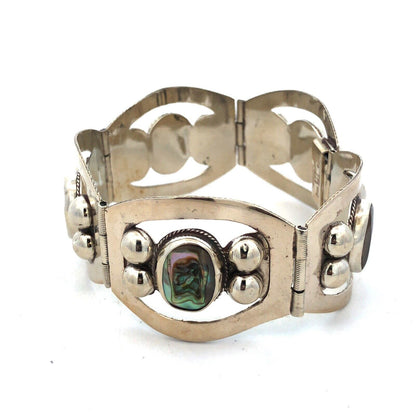 Vintage Taxco 925 Sterling Silver Oval Abalone Cabochon Statement Panel Bracelet