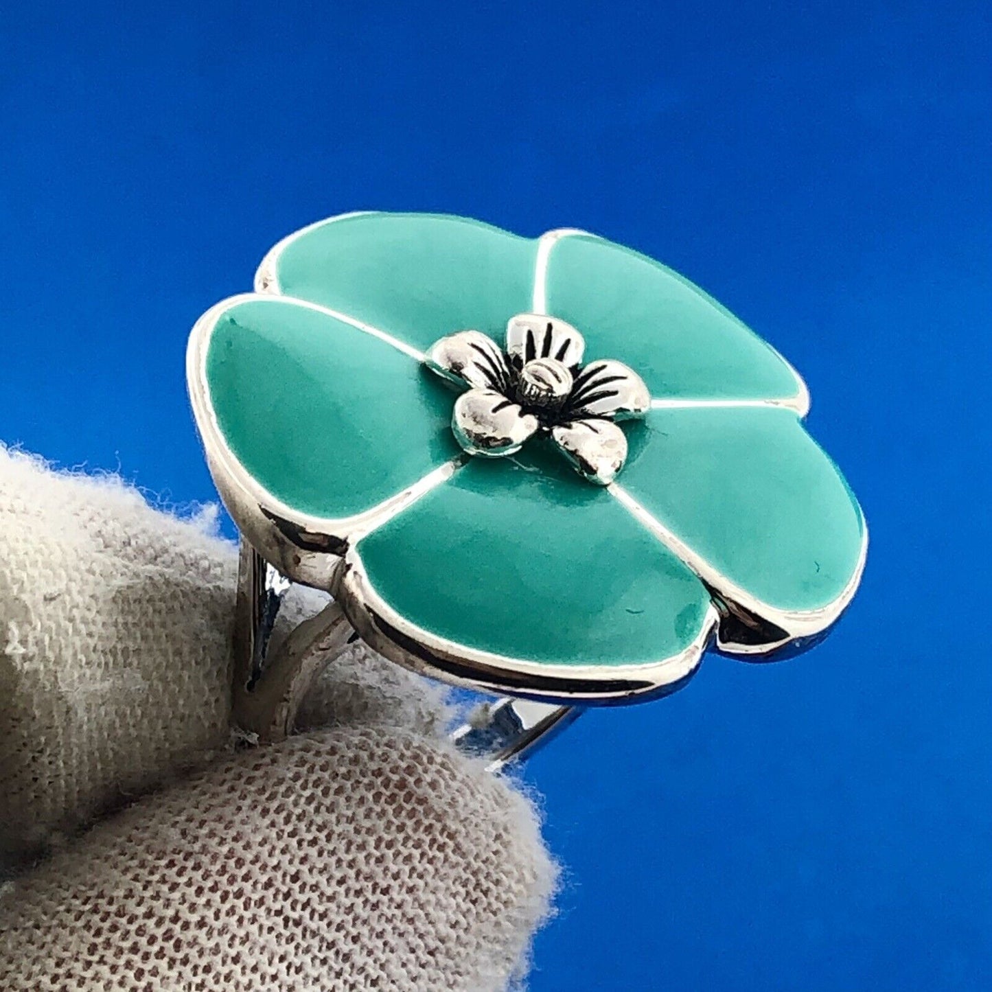 Premier Designs Silver Plate Turquoise Aqua Enamel Flower Statement Ring NIB