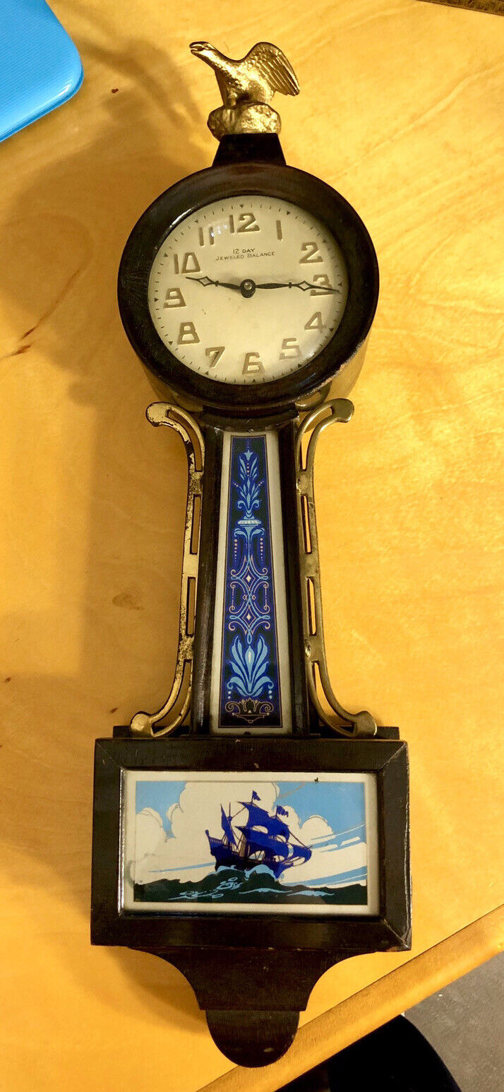 Antique New Haven Clock Company Willis Nautical Theme 12 Day Banjo Wall Clock