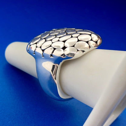 Retro Sterling Silver 925 Snakeskin Cobblestone Statement Rectangle Dome Ring