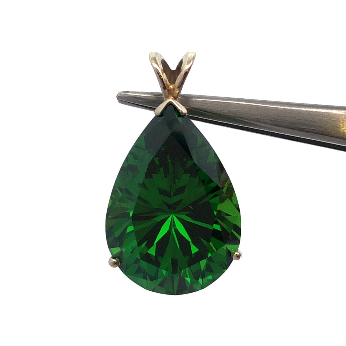 Designer 14K White Gold Pear Green CZ Solitaire Teardrop Pendant