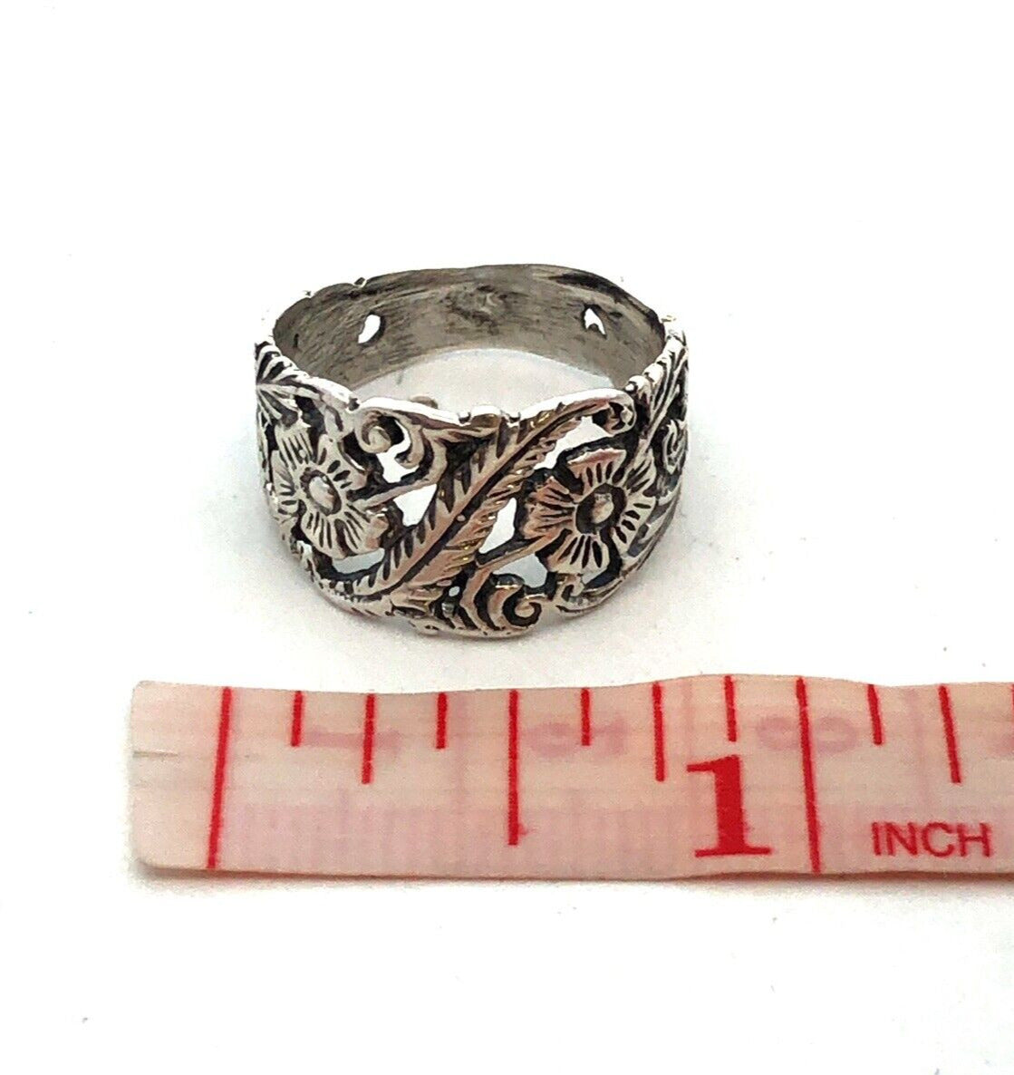 Estate 925 Sterling Silver Floral Flower Vines Nature Open Work Wide Band Ring