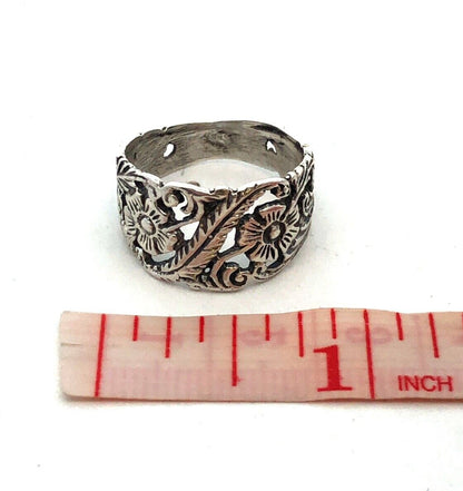 Estate 925 Sterling Silver Floral Flower Vines Nature Open Work Wide Band Ring