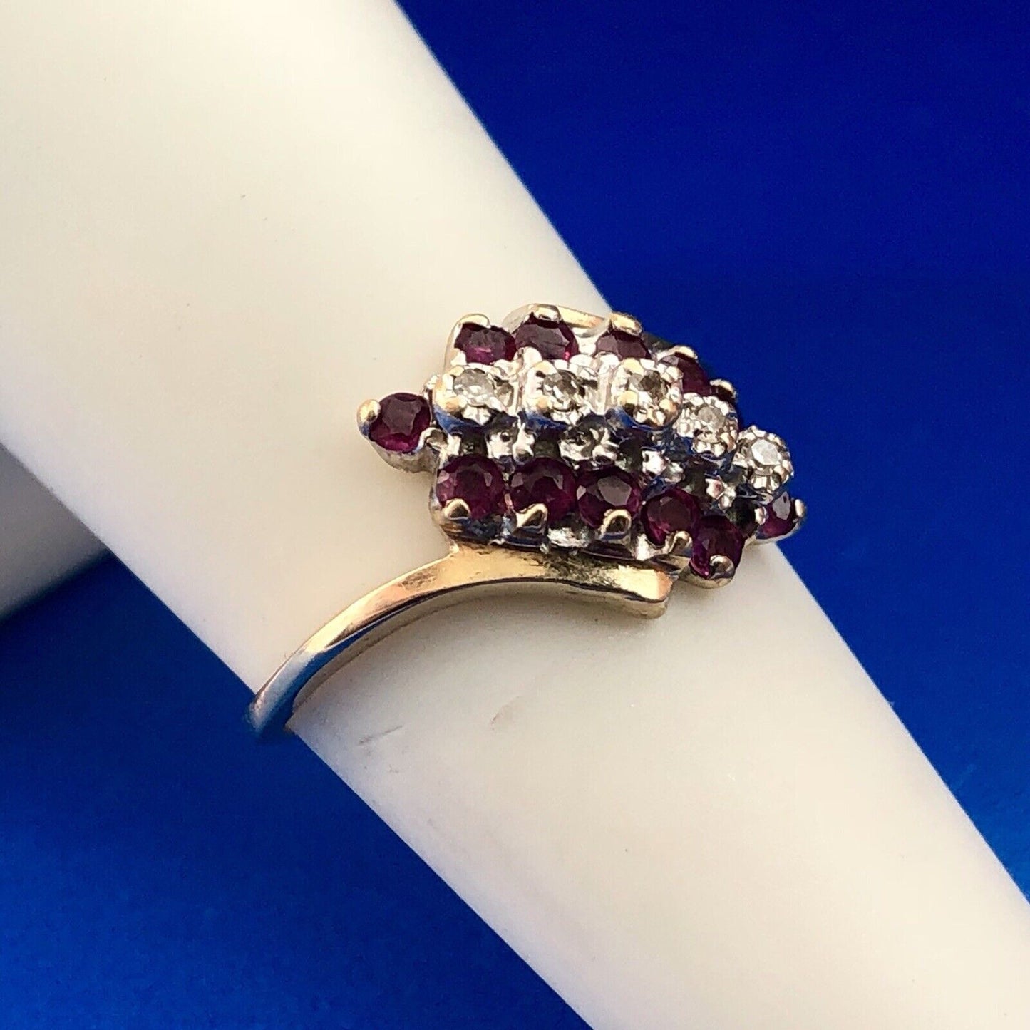 Vintage 10K Yellow Gold Ruby Diamond Cluster Bypass Cocktail July Occasion Ring