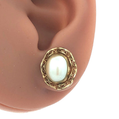 Estate 14K Yellow Gold Filled Oval Pearl Filigree Halo Birds Nest Stud Earrings