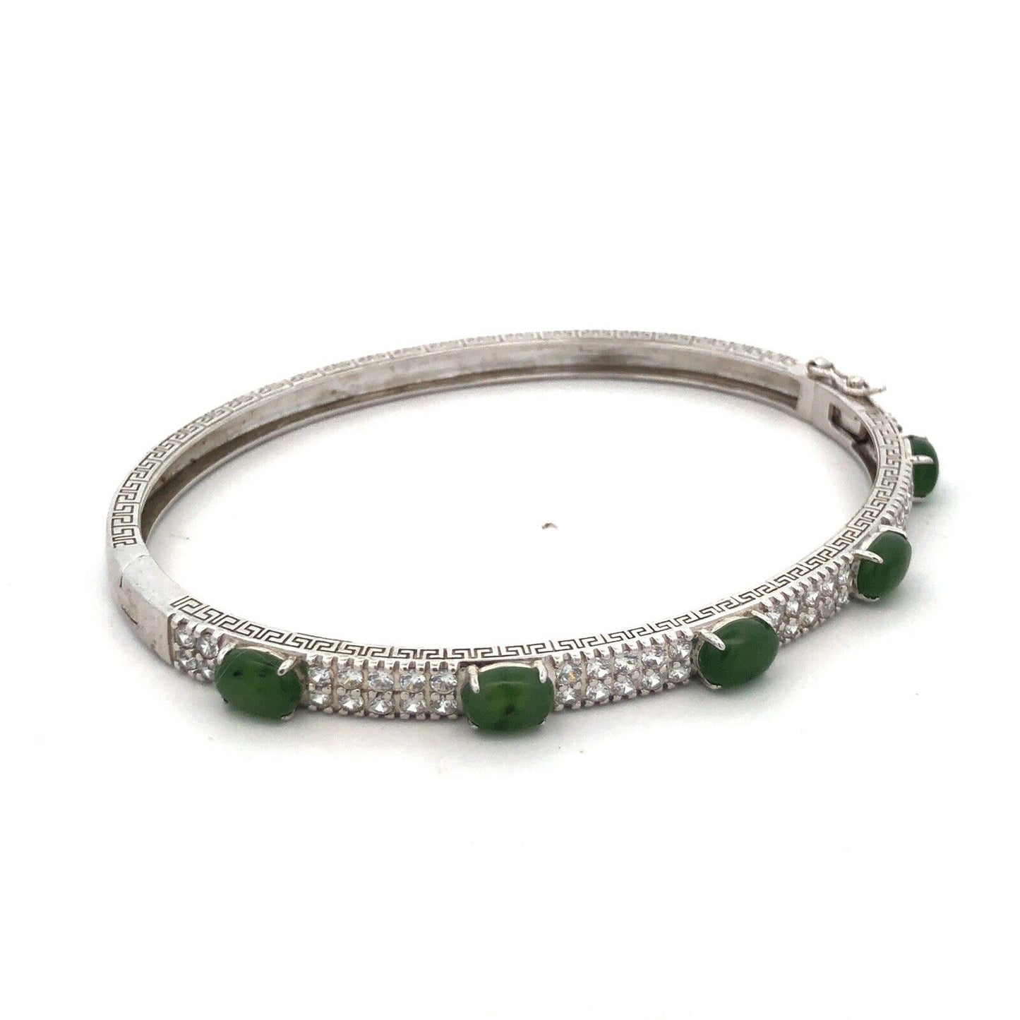 Desinger PAJ JOY 925 Sterling Silver Oval Jade CZ Accented Hinged Cuff Bracelet