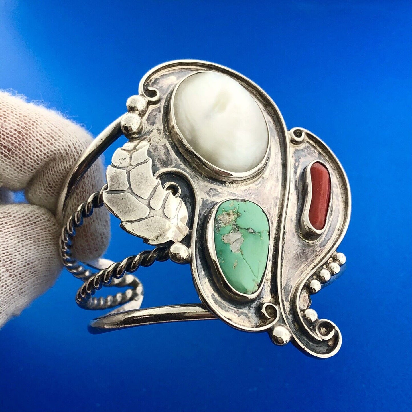 Sterling Silver 925 Mother Of Pearl Turquoise Coral Squash Blossom Cuff Bracelet