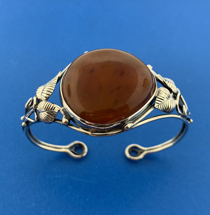 Vintage Sterling Silver Baltic Amber Floral Free Form Statement Cuff Bracelet