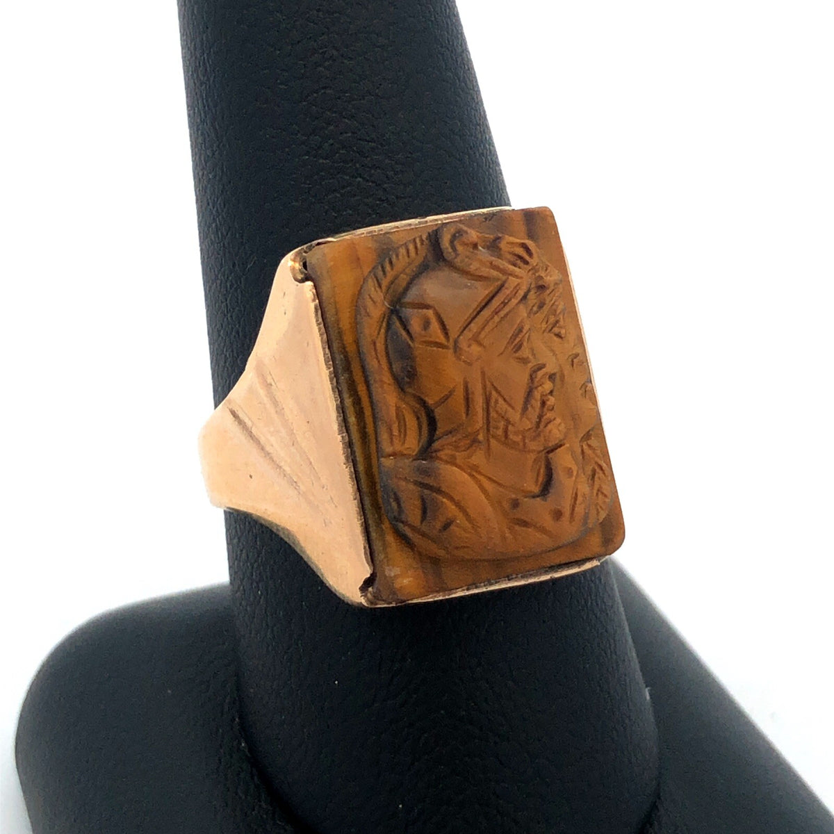 Vintage Men's 10K Yellow Gold Carved Intaglio Tiger's Eye Roman Textured Ring