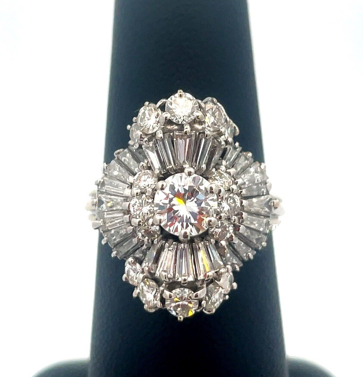 Estate 14K White Gold Round Diamond Center Waterfall Wave Accented Cocktail Ring