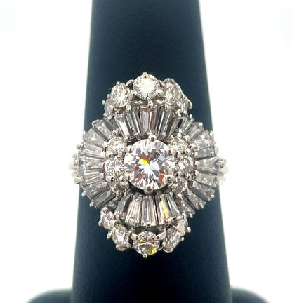 Estate 14K White Gold Round Diamond Center Waterfall Wave Accented Cocktail Ring