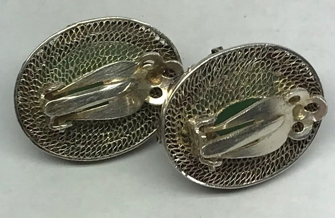 Vintage Artisan Sterling Silver Jade Cloisonne Filigree Statement Clip Earrings