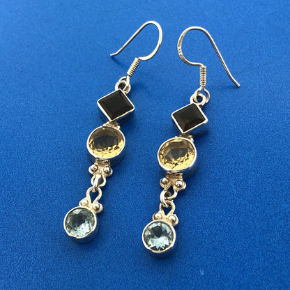Retro 925 Sterling Silver Citrine Blue Topaz Smokey Quartz Drop Dangle Earrings