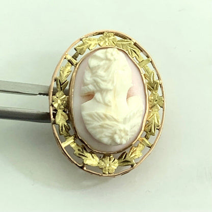 Victorian Carved Pink Cameo 10K Rose & Yellow Gold Border Leaves Brooch Pendant